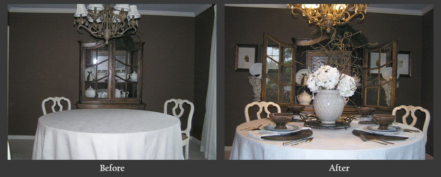 Dinning room with dressed table top before and after